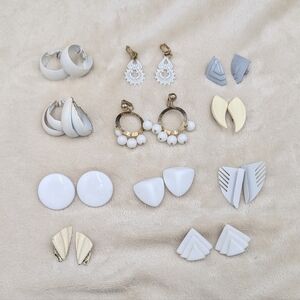 Vintage Retro 80s Earrings White Lot of 11 pairs of Clip On Earrings